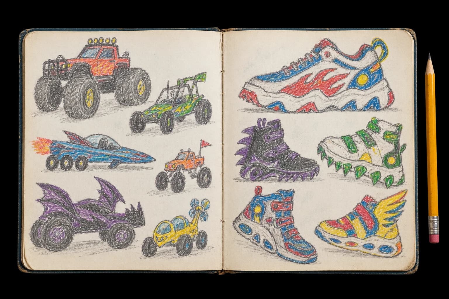 Caderno com desenhos de carros e tênis imaginados