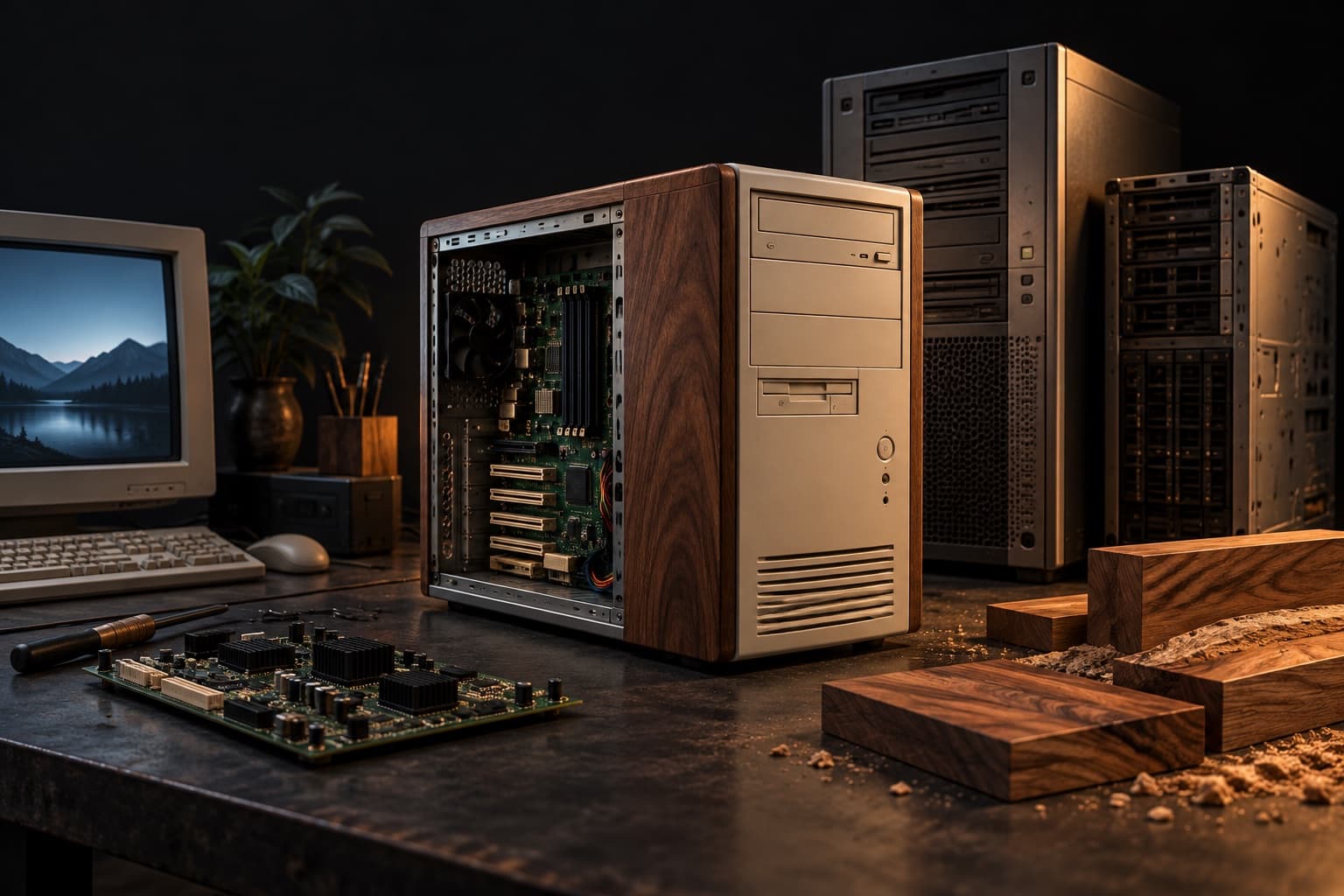 Imagem conceitual de uma bancada com marcenaria, computadores e eletrônica